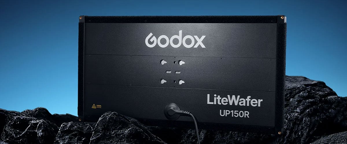 rear view of the godox litewafer up150r light on rocks