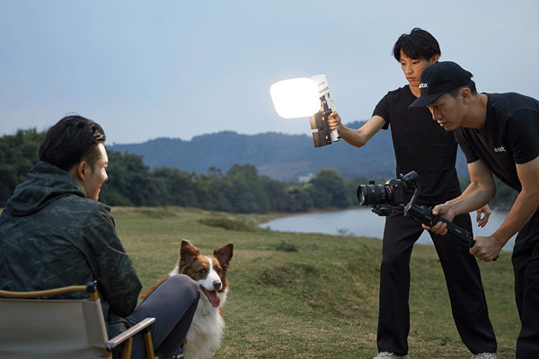godox ml60iibi being used to film someone sat in a chair outside with a dog