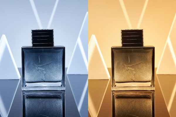 side by side colour temp comparison of the godox ml60iibi on a purfume bottle