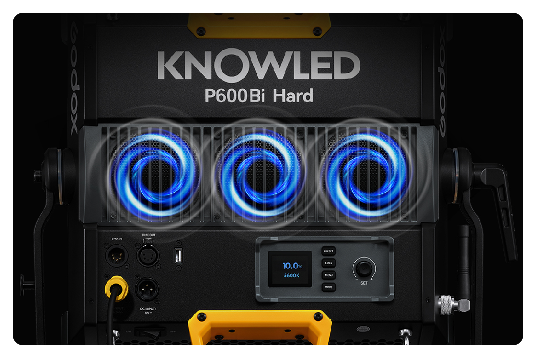 close up illustration of the cooling system in the godox p600bi led light