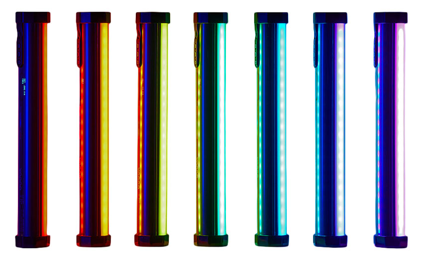 a row of godox tube lights showing different colours