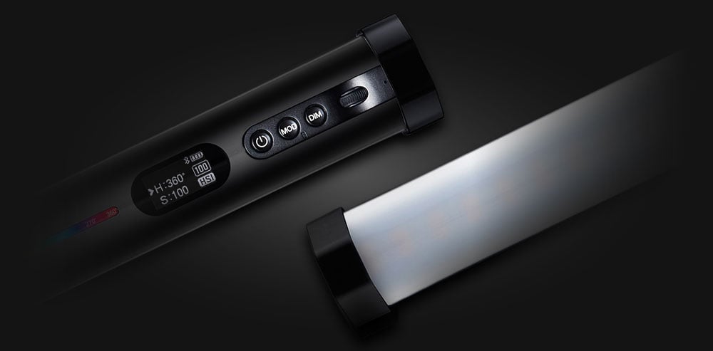 close up of each side of the godox tube light on a black background