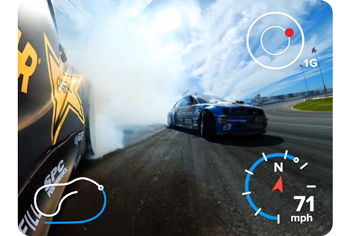 side angle of formula drift cars in action surrounded by tire smoke with track, speed and g-force overlays 