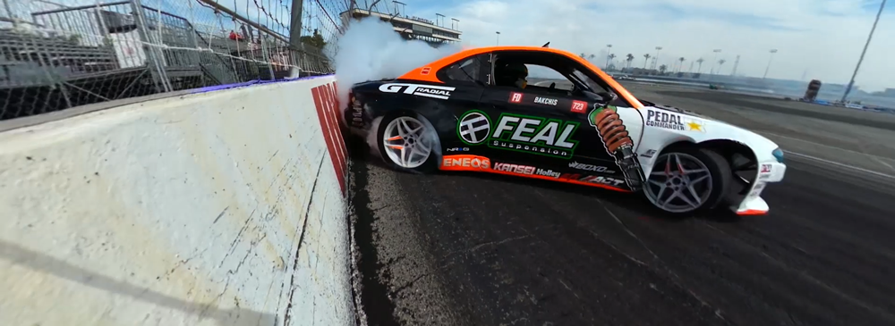 Nissan Silvia Formula Drift Car hitting the wall at Irwindale