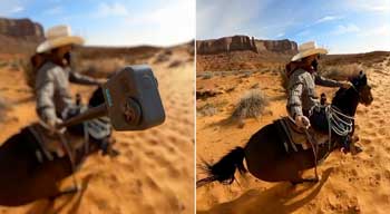 Cowboy riding horse in the desert holding GoPro Max2 on invisible selfie stick