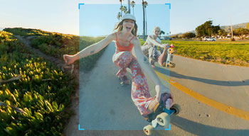 Sample footage still of female rollerskaters with object tracking bracket