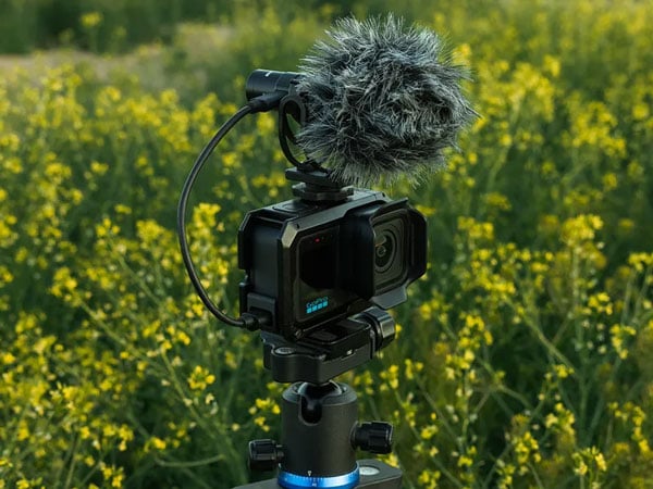 gopro mission 1 on a tripod in the middle of a field of yellow flowers