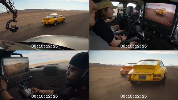 multicam view of two cars racing and people filming them