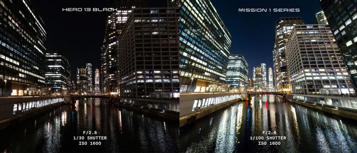 a city at night comparing low light performance between mission 1 and hero 13 black