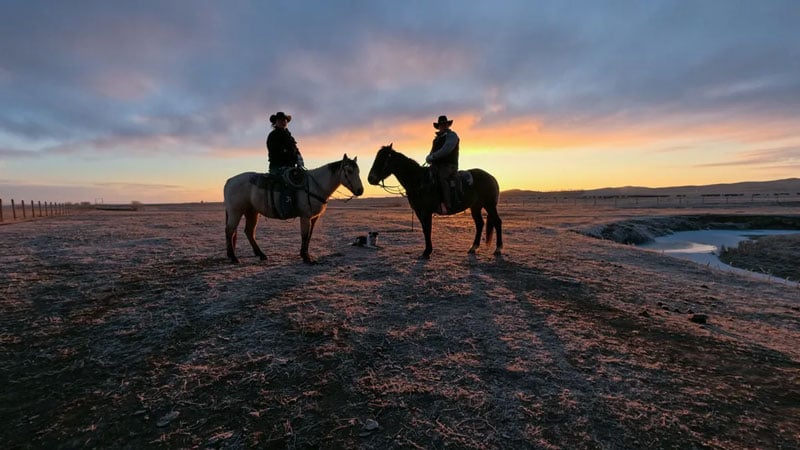 sample image of two cowboys on horses at sunset in the desert