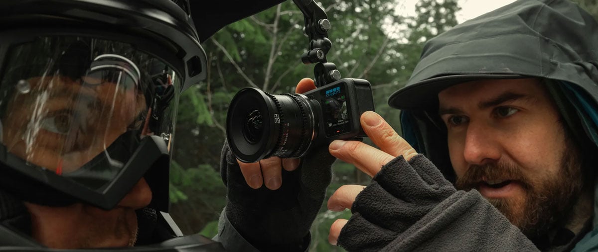 someone rigging the go pro mission 1 pro ils to a bike helmet
