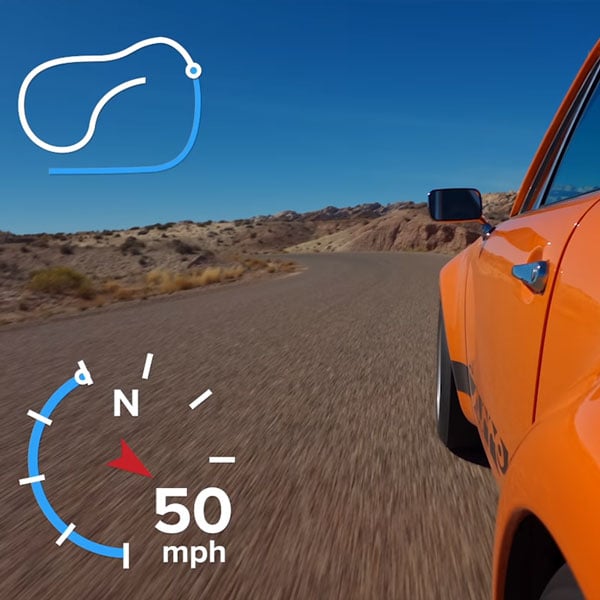 in camera shot of a car going round a track showing the gps data