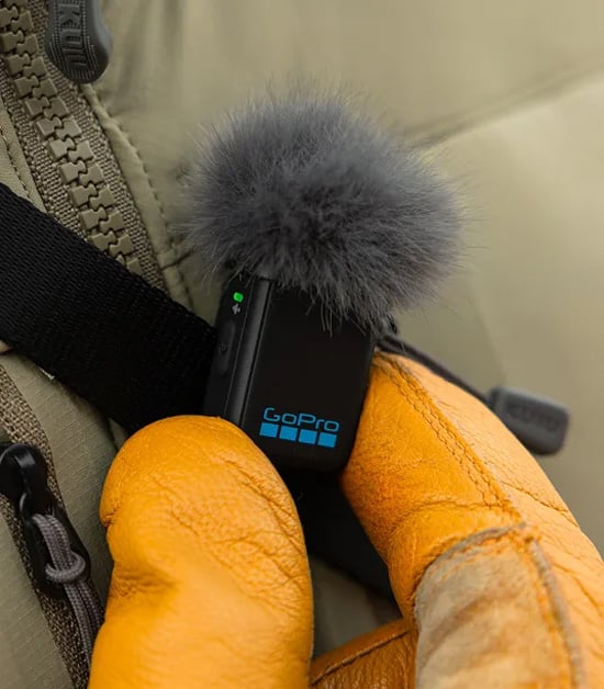 close up of somone wearing the gopro wireless mic