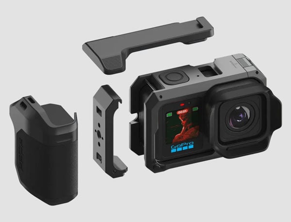 breakdown of how the point-and-shoot gripp attaches around the mission 1 camera