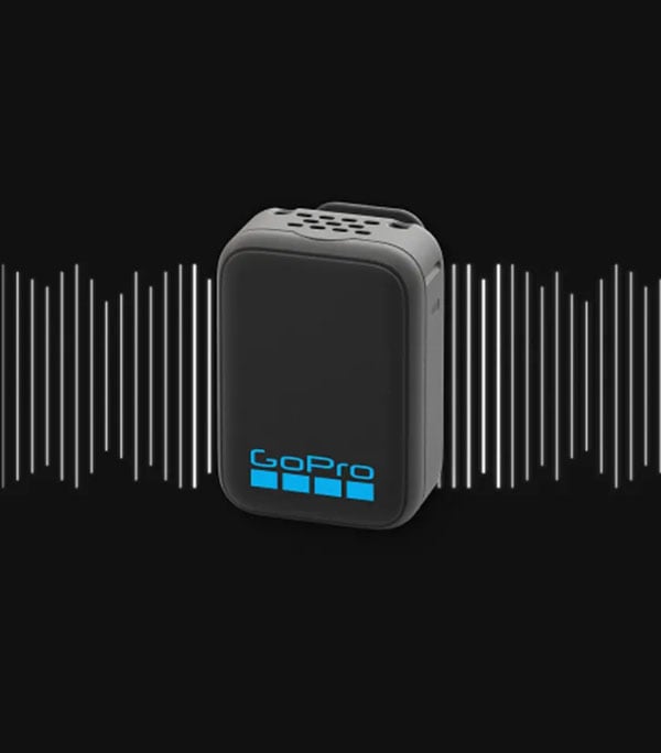 close up of the gopro mic transmitter with sound wave behind it