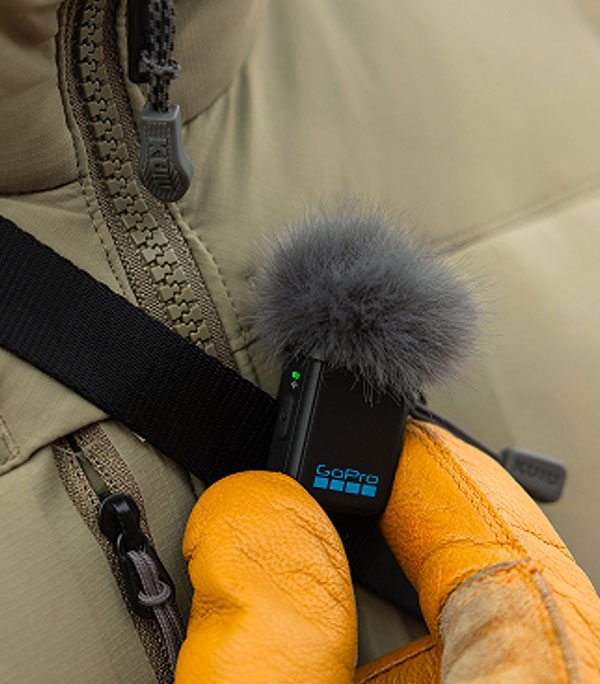 gopro mic cipped to a bag strap
