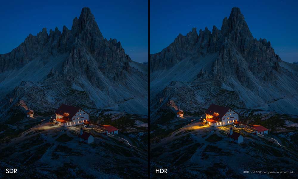 Split screen sample photograph of swiss mountain cabin at night in SDR and HDR
