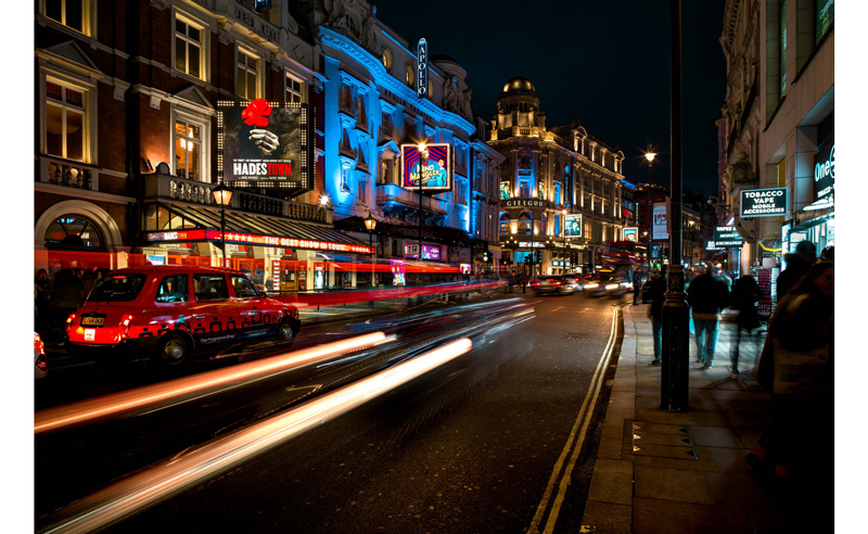 Hasselblad XCD 25V sample long exposure image of london streeet at night with light trails from passing traffic
