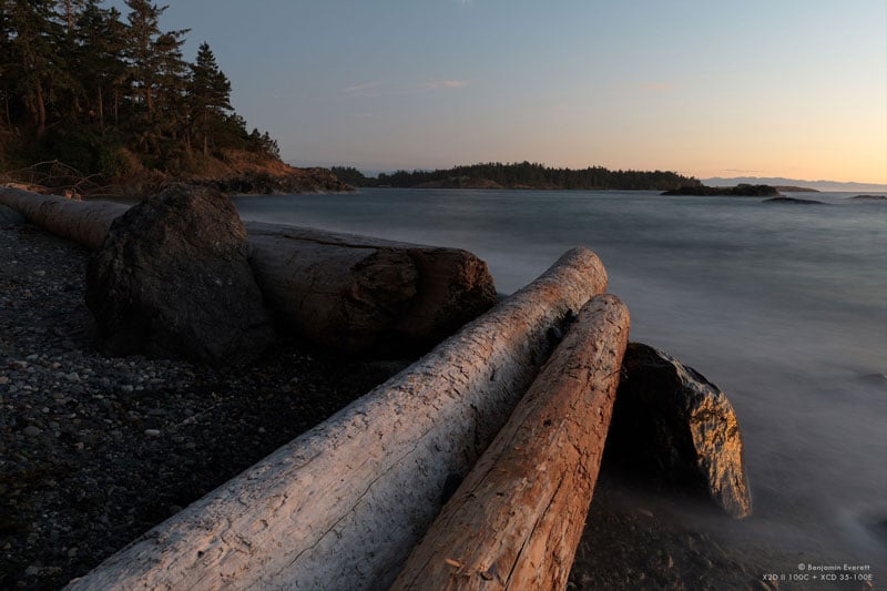 hasselblad XCD 2.8-4/35-100E of logs lying on lakeside beach