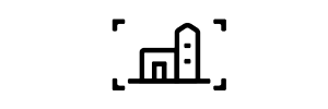 Small graphic icon of a building within camera framing indicators