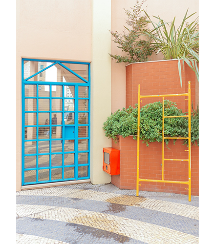 Hasselblad XCD 4/45P Lens Sample image of vibrant blue frame glass door next to a bright red brick planter