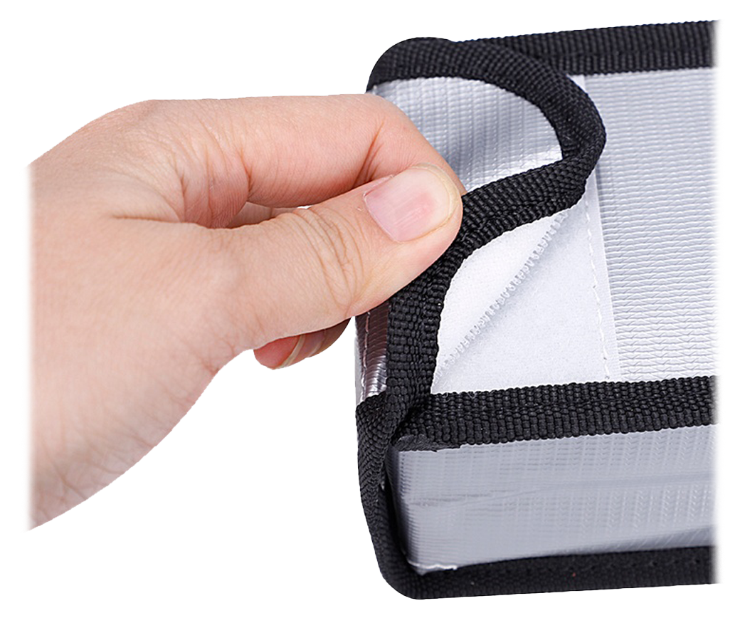 close up of the li ion battery safe bag velcro