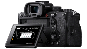 image of Sony alpha 9 a9 camera with screen flipped out and battery symbol displayed