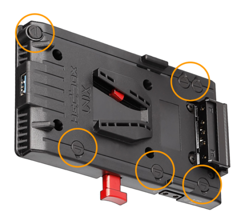 angled view of the v mount battery plate highlighting the mounting holes