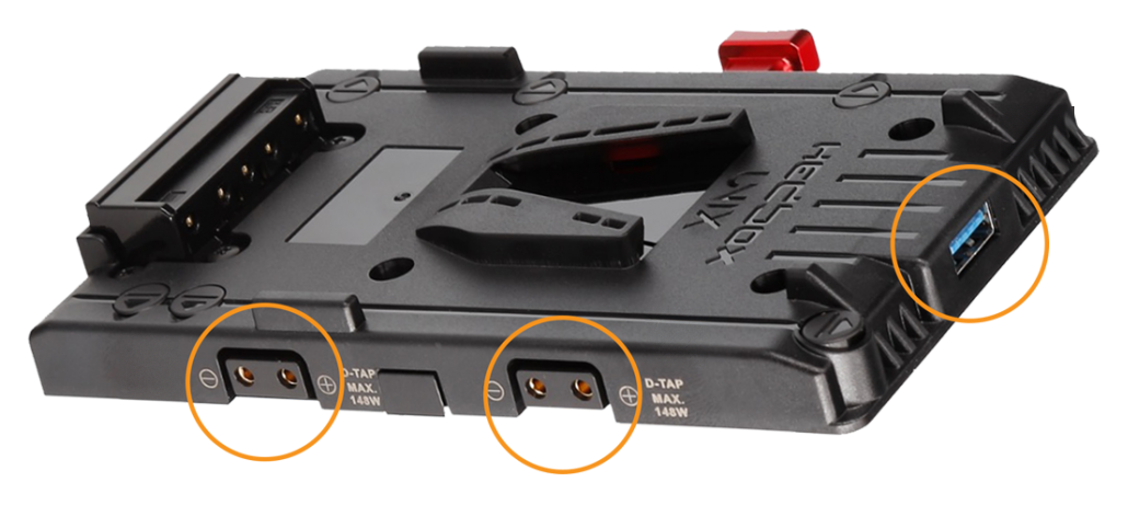 angled view of the v mount battery plate highlighting the outputs