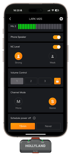 larksound app interface on a smartphone with the hollyland wireless microphone connected to the bottom