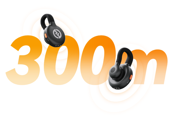 300m in orange text with the hollyland wireless microphones attached to the corners