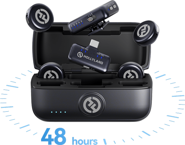 Hollyland Lark M3 wireless microphone kit with 48-hour battery life and charging case