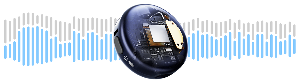 hollyland lark m3 sound processor and internal circuitry with soundwaves behind it