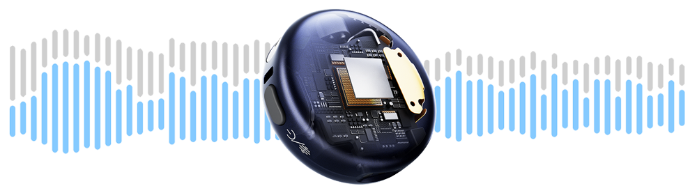 hollyland lark m3 sound processor and internal circuitry with soundwaves behind it