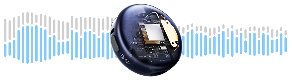 hollyland lark m3 sound processor and internal circuitry with soundwaves behind it