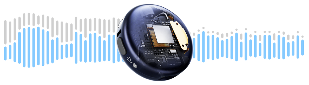 hollyland lark m3 sound processor and internal circuitry with soundwaves behind it