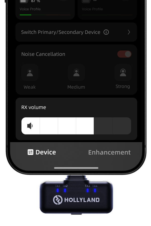 ollyland wireless microphone receiver plugged into a smartphone displaying the companion app volume control settings