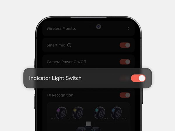 A smartphone screen showing the 'Indicator Light Switch' setting toggled on with a red switch