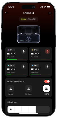 hollyland app interface on a smartphone