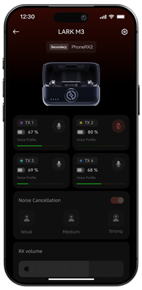 hollyland app interface on a smartphone