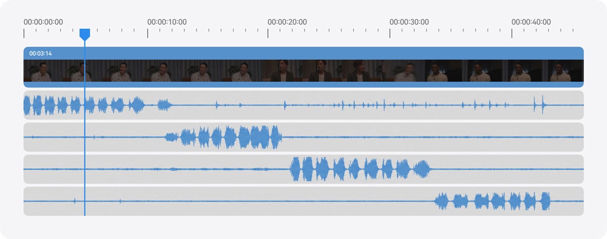 Multitrack audio waveform editor interface showing video timeline and synchronized voice tracks
