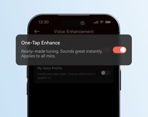 Smartphone screen displaying the One-Tap Enhance voice enhancement settings toggle switch
