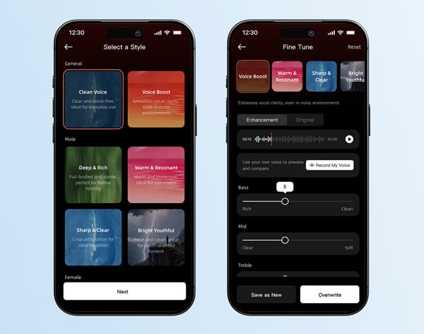Two mobile phones displaying the hollyland app audio style selection and fine-tuning adjustment screens