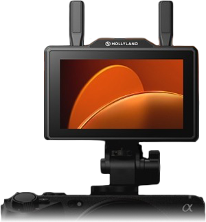 hollyland wireless monitor attached to the top of a camera