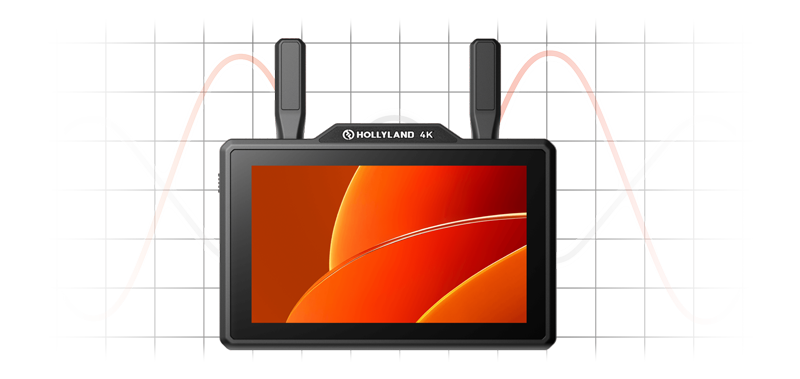 Front view of the Hollyland Pyro 5 4K wireless monitor and transceiver showing display screen