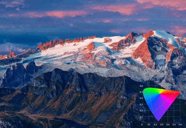 Marmolada Glacier in the Italian Dolomites with P3 colour chart