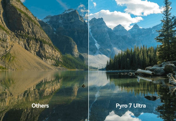 side-by-side comparison of a mountain landscape