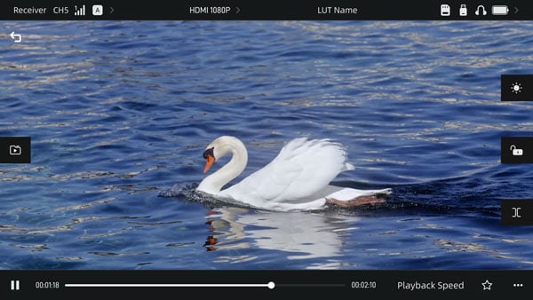 playback interface on the hollyland monitor showing a swan on a lake