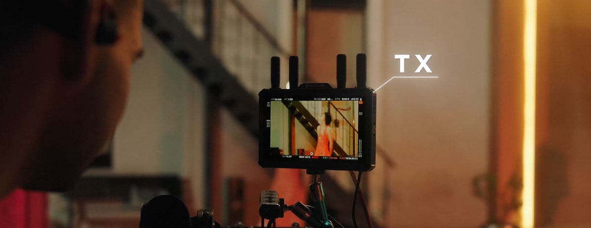 Wireless camera monitor transmitter on a professional film set