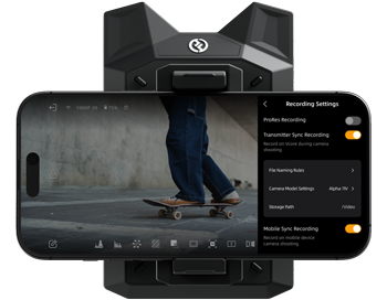 Smartphone connected to Hollyland Vcore recording video of skateboarder